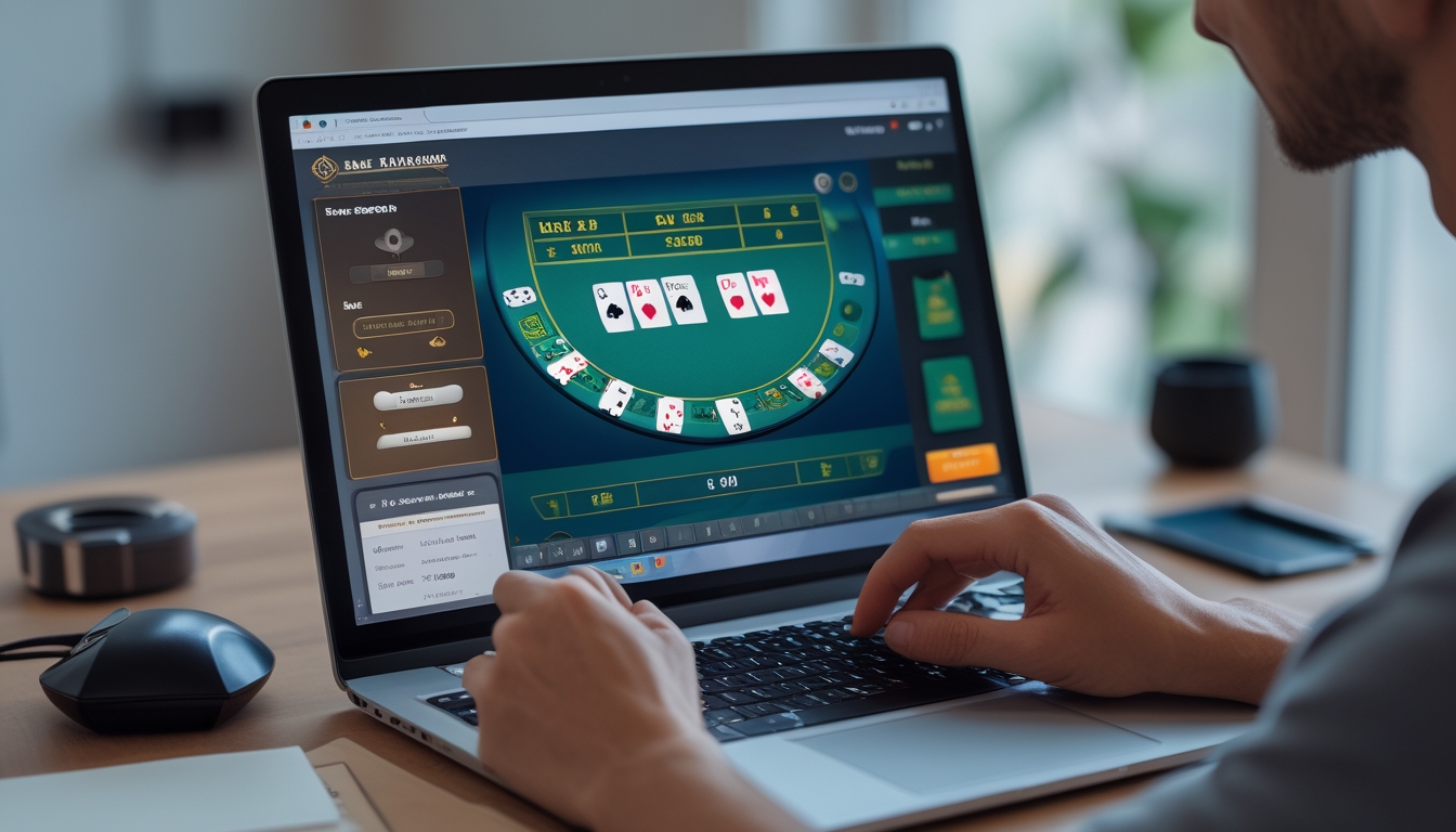 Seseorang sedang bermain blackjack online di komputer dengan tangan memegang kartu dan fokus pada layar permainan.