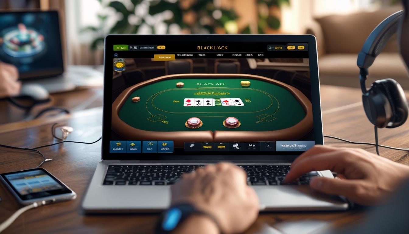 Seseorang bermain blackjack online di laptop dengan kartu dan chip terlihat jelas di layar, di ruang tamu yang nyaman.