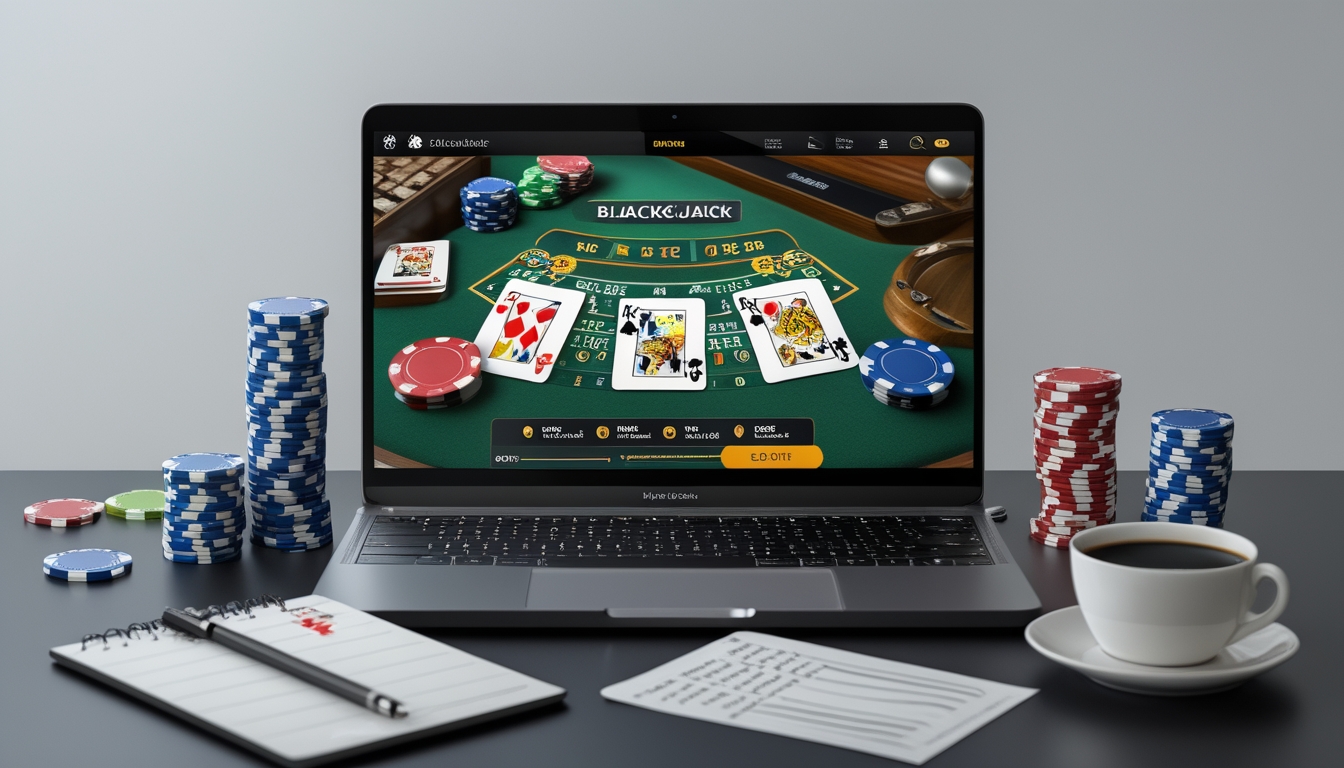 Sebuah laptop menampilkan permainan blackjack online dengan kartu dan chip poker di meja, suasana fokus dan profesional.
