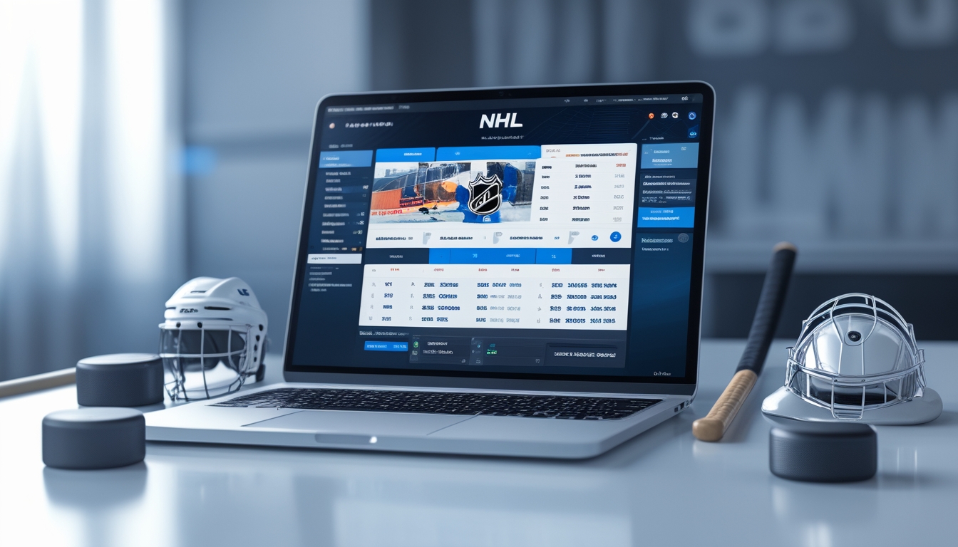 Seorang pengguna melihat layar perangkat digital yang menampilkan peluang taruhan NHL dengan perlengkapan hoki di meja.