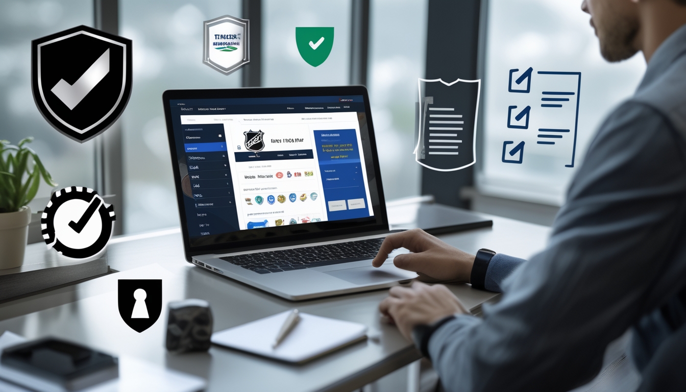 Seorang pria sedang menggunakan laptop di meja kerja dengan tampilan situs taruhan hoki online yang aman dan legal, dikelilingi simbol keamanan dan alat tulis.