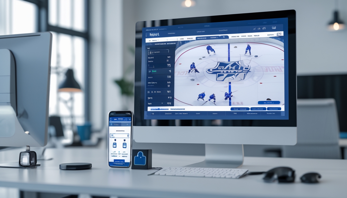 Meja kerja modern dengan komputer menampilkan pertandingan hoki es NHL dan ponsel yang menunjukkan aplikasi taruhan online yang aman, dengan suasana kantor yang tenang dan profesional.