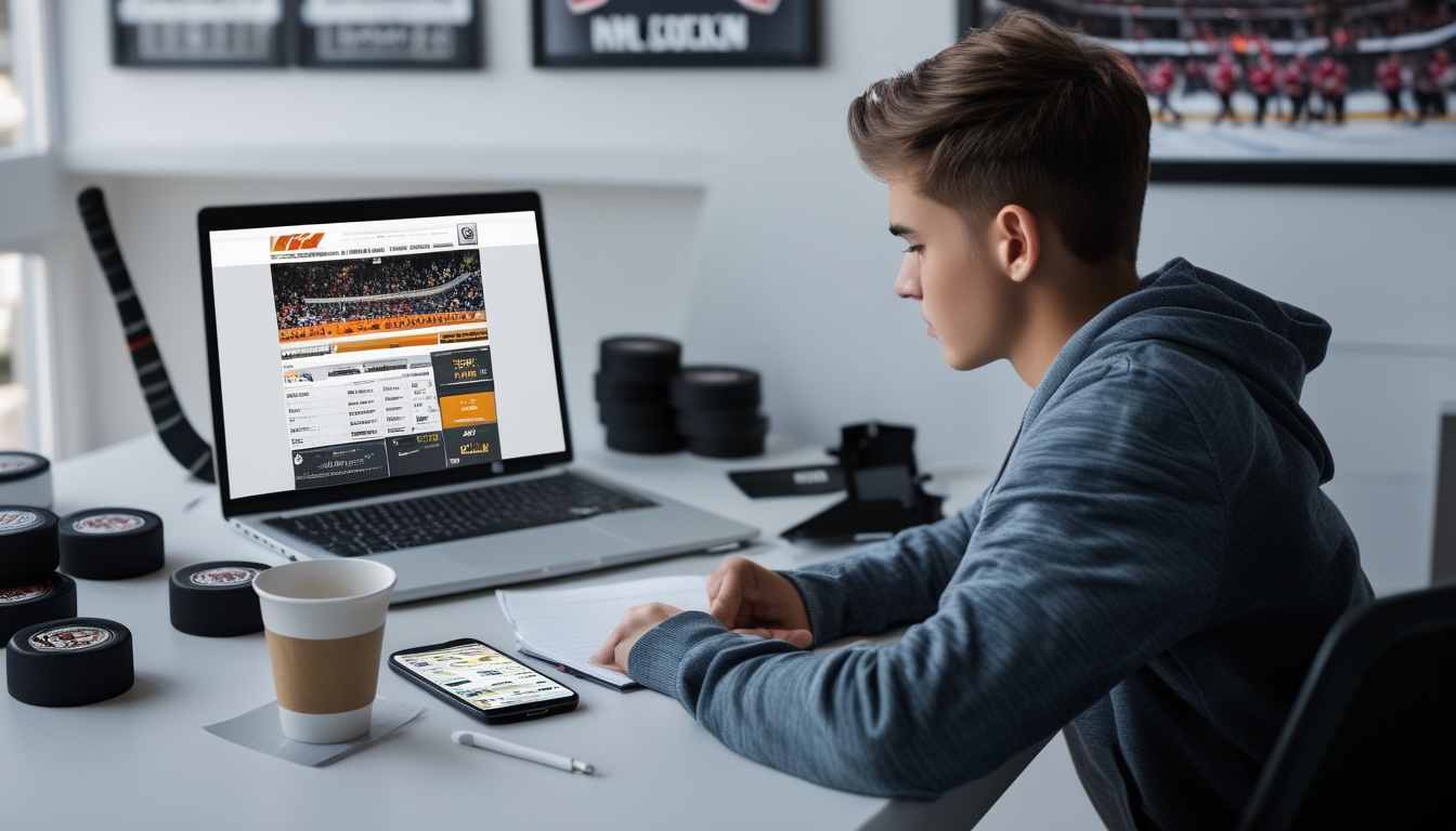 Seorang pemula sedang belajar taruhan NHL dengan laptop, catatan, dan memorabilia hoki di meja.