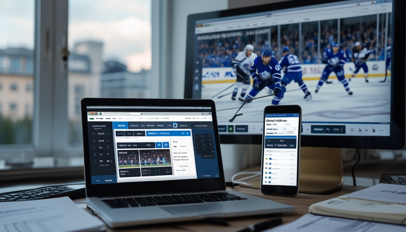 Seorang pria di depan laptop dan ponsel yang menampilkan situs taruhan NHL online dengan latar belakang pertandingan hoki es yang sedang berlangsung.