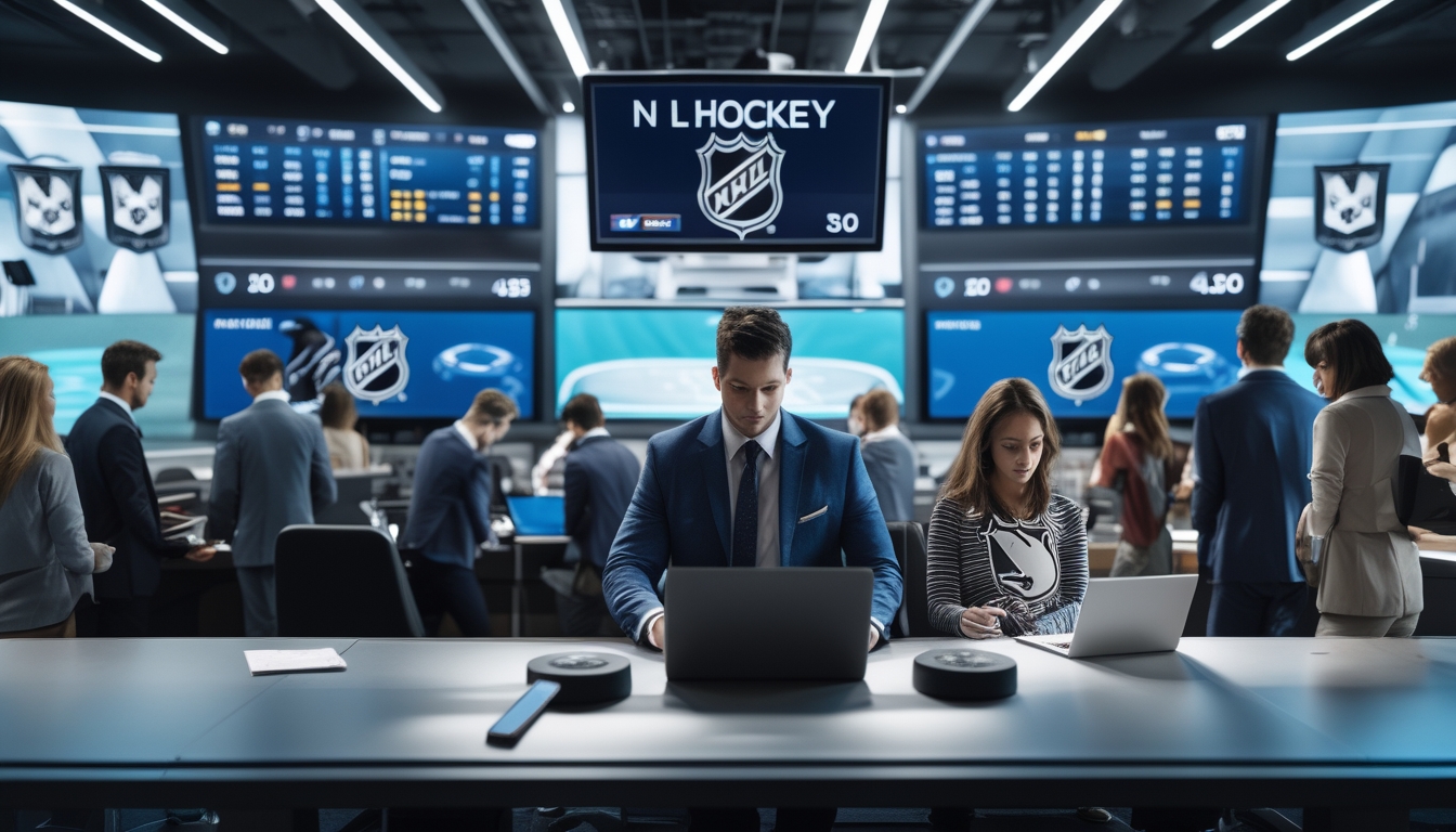 Sejumlah orang sedang menggunakan perangkat elektronik di ruangan modern dengan layar besar menampilkan statistik dan skor pertandingan hoki NHL.