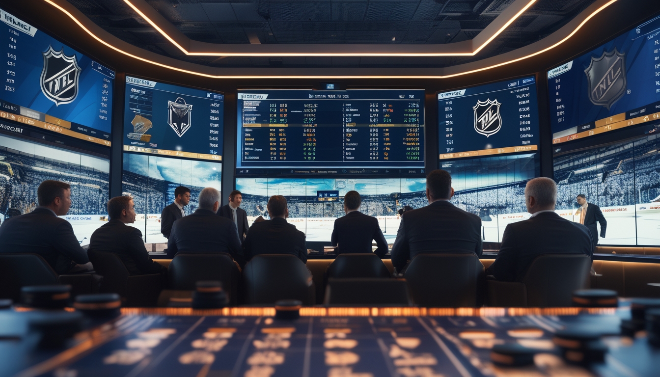 Orang-orang profesional sedang melihat pertandingan hoki NHL di layar besar dalam ruang taruhan olahraga modern.