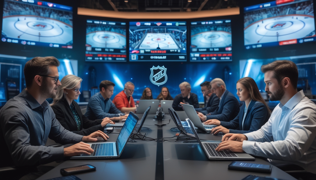Orang-orang sedang menggunakan perangkat elektronik untuk memasang taruhan langsung pada pertandingan hoki es NHL dengan skor yang diperbarui secara real-time.
