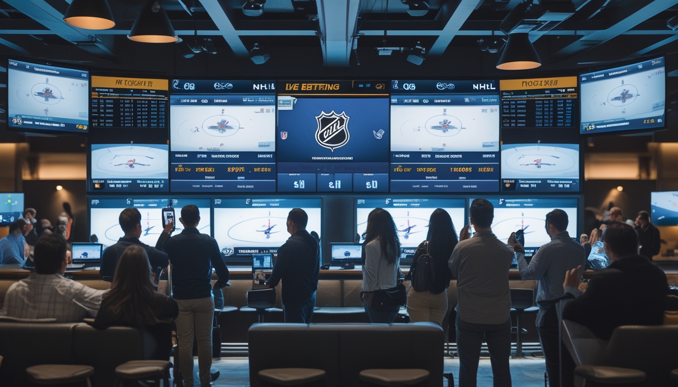 Beberapa orang menonton pertandingan hoki es NHL secara langsung dengan layar besar menampilkan skor dan taruhan waktu nyata di ruang taruhan olahraga modern.