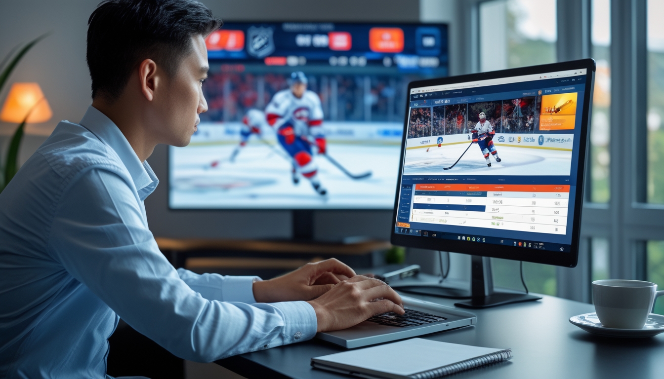 Seorang pria Indonesia sedang duduk di depan laptop sambil melihat pertandingan hoki es NHL di layar besar di ruang kerja rumah.