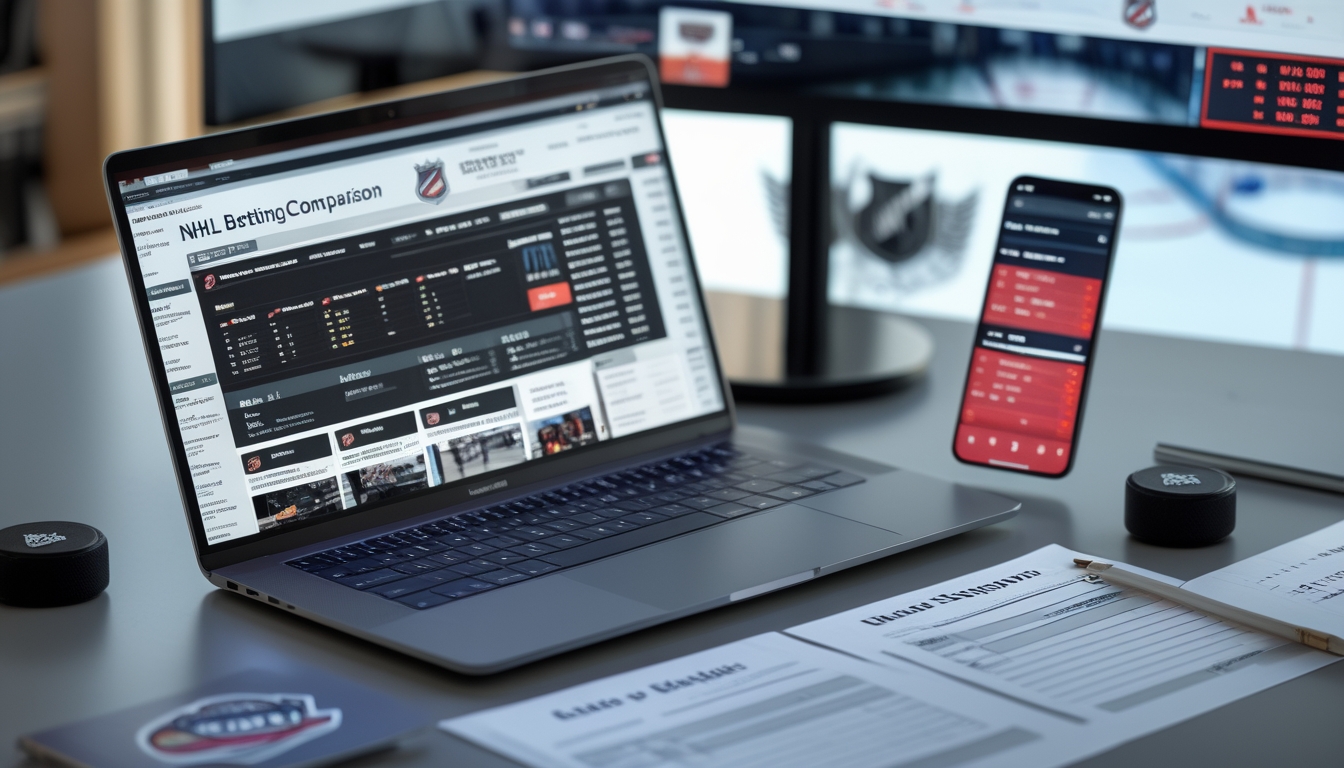 Meja kerja dengan laptop dan ponsel yang menampilkan situs taruhan NHL dan grafik perbandingan, di samping beberapa catatan dan memorabilia hoki kecil.