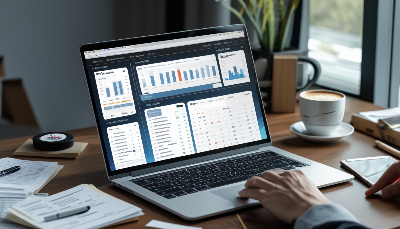 Meja kerja modern dengan laptop yang menampilkan grafik dan statistik NHL, ponsel dengan peluang taruhan, serta perlengkapan hoki kecil di sekitar.