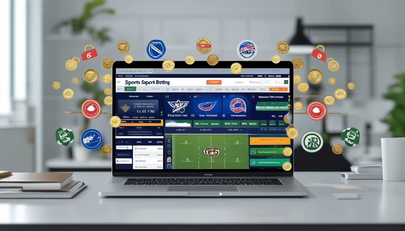 Seorang pria menggunakan laptop di meja kantor dengan tampilan situs taruhan NHL dan ikon promosi di sekitarnya.