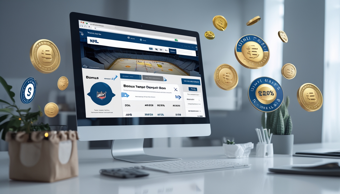 Seseorang menggunakan laptop dengan tampilan situs taruhan NHL yang menampilkan elemen bonus tanpa deposit dan promosi terbaru.