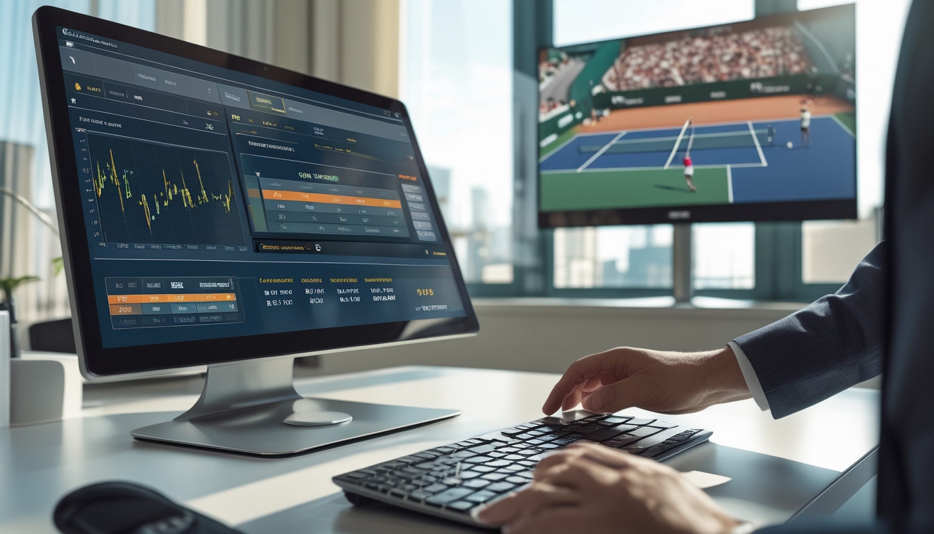 Seorang profesional menggunakan komputer dengan tampilan taruhan tenis online dan pertandingan tenis sedang berlangsung di layar televisi di latar belakang.