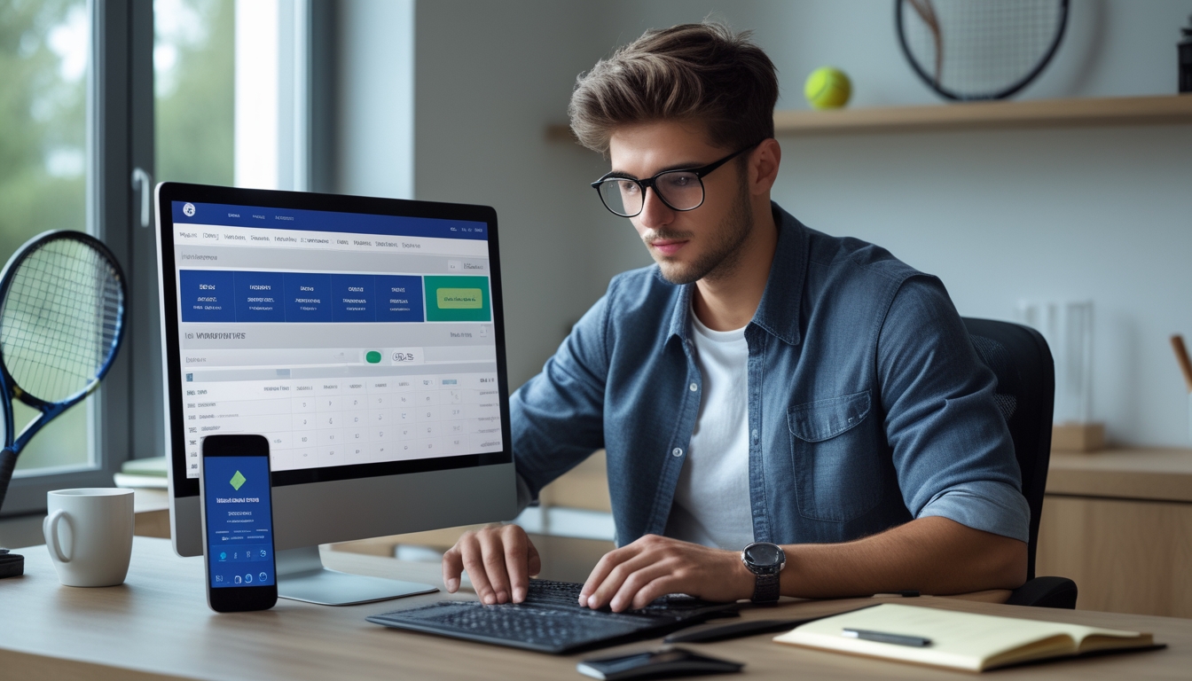 Seorang pria muda duduk di meja kerja modern, fokus menggunakan laptop dengan tema taruhan tenis, dikelilingi dekorasi tenis dan perangkat teknologi.