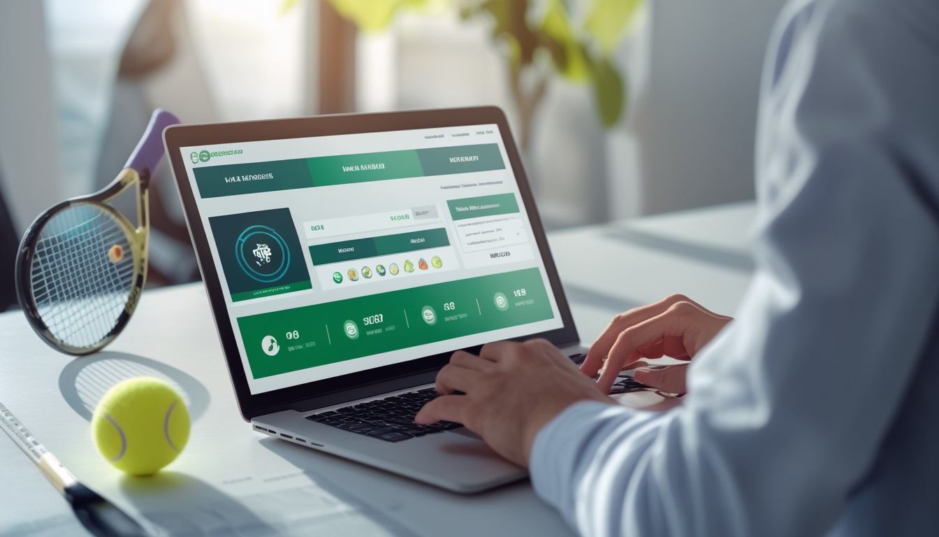 Seseorang menggunakan laptop di meja kerja dengan elemen tenis di latar belakang, menggambarkan suasana taruhan tenis online yang aman dan cepat.