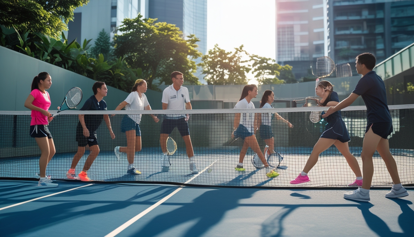Beberapa orang muda bermain tenis di lapangan tenis modern dengan gedung kota dan pepohonan di latar belakang.