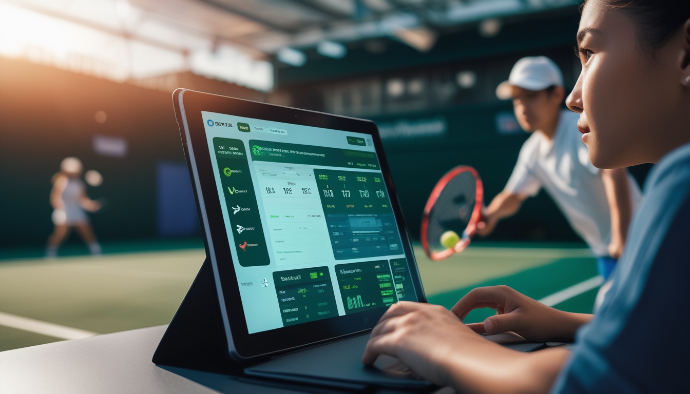 Seorang pemain tenis sedang memukul bola di lapangan tenis dengan layar perangkat digital yang menampilkan antarmuka taruhan olahraga di latar depan.