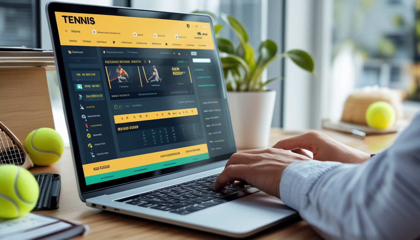 Seorang pria menggunakan laptop di meja kerja dengan perlengkapan tenis di sekitar, menunjukkan aktivitas taruhan tenis online.
