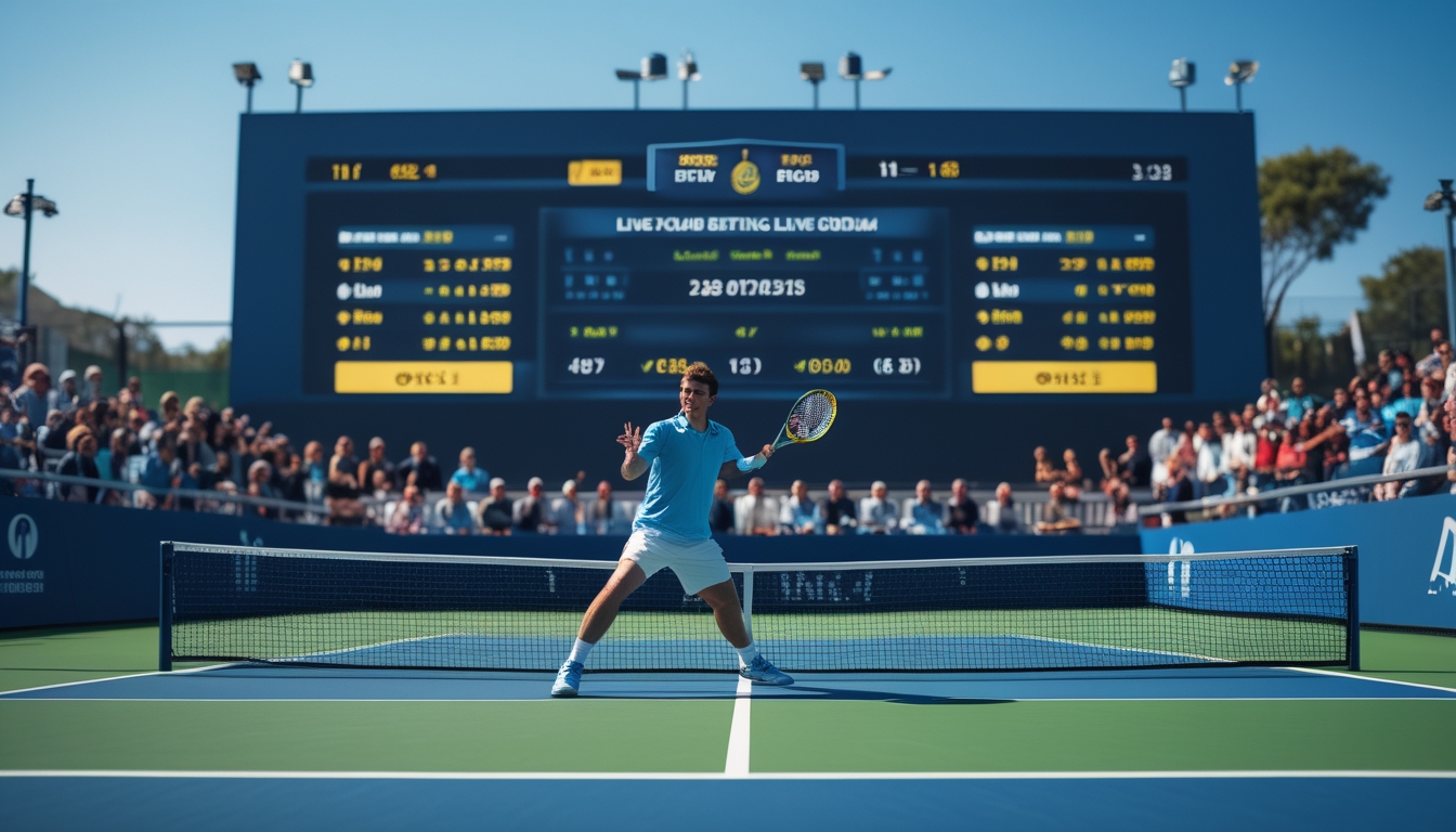 Seorang pemain tenis sedang melakukan pukulan forehand di lapangan tenis dengan layar digital menampilkan statistik pertandingan dan peluang taruhan secara langsung di latar belakang.