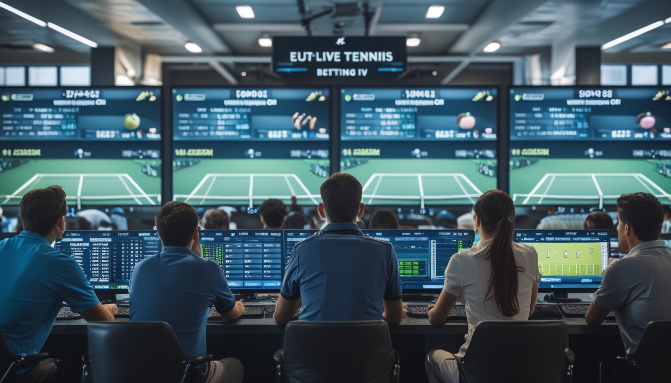 Orang-orang menonton pertandingan tenis secara langsung dengan layar yang menampilkan skor dan data taruhan secara real-time.