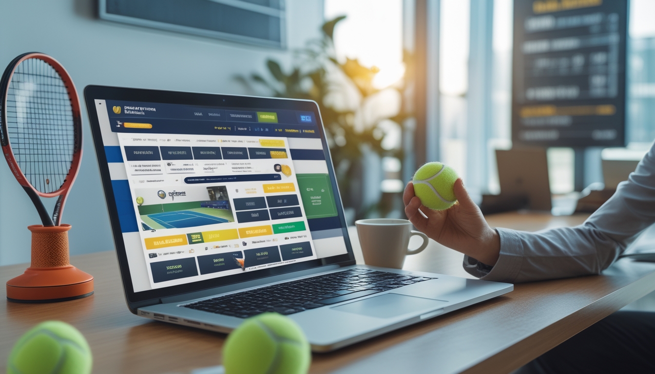 Orang duduk di depan laptop yang menampilkan situs taruhan tenis dengan dekorasi tenis di sekitar ruangan.