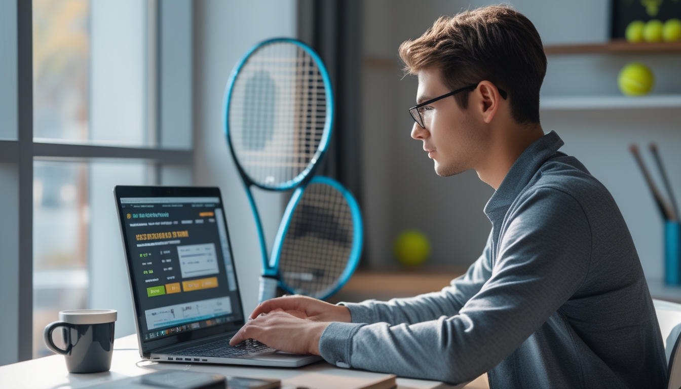 Seorang pria muda duduk di meja dengan laptop, melihat situs taruhan tenis online, di ruangan dengan rak berisi raket dan bola tenis.