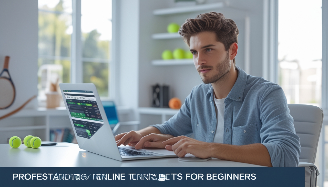 Seorang pria muda duduk di meja dengan laptop, fokus memasang taruhan tenis online di ruang kerja yang terang dan rapi.