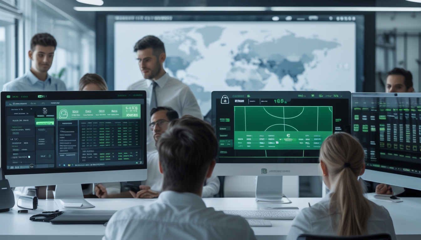 Orang-orang bekerja di kantor modern dengan layar komputer menampilkan data pertandingan sepak bola dan simbol keamanan digital.