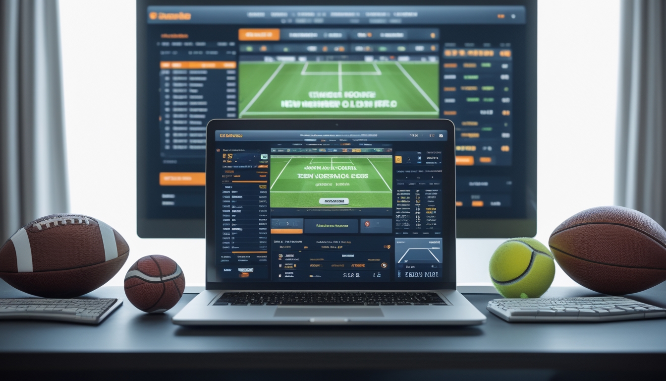 Suasana ruang kerja modern dengan laptop yang menampilkan informasi taruhan olahraga dan beberapa bola olahraga di atas meja.