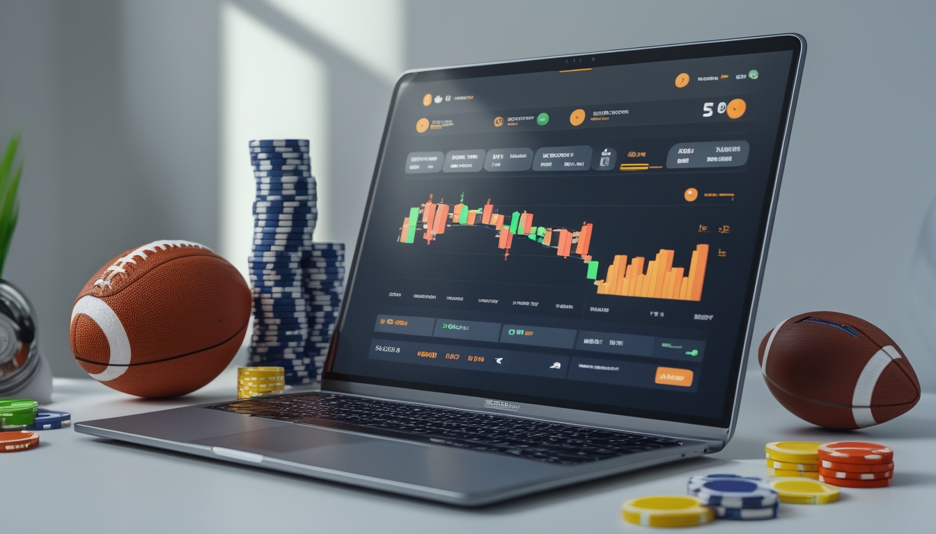 Seorang pria menggunakan laptop dengan layar menampilkan antarmuka taruhan olahraga online, dikelilingi oleh bola sepak, bola basket, bola tenis, dan chip taruhan.