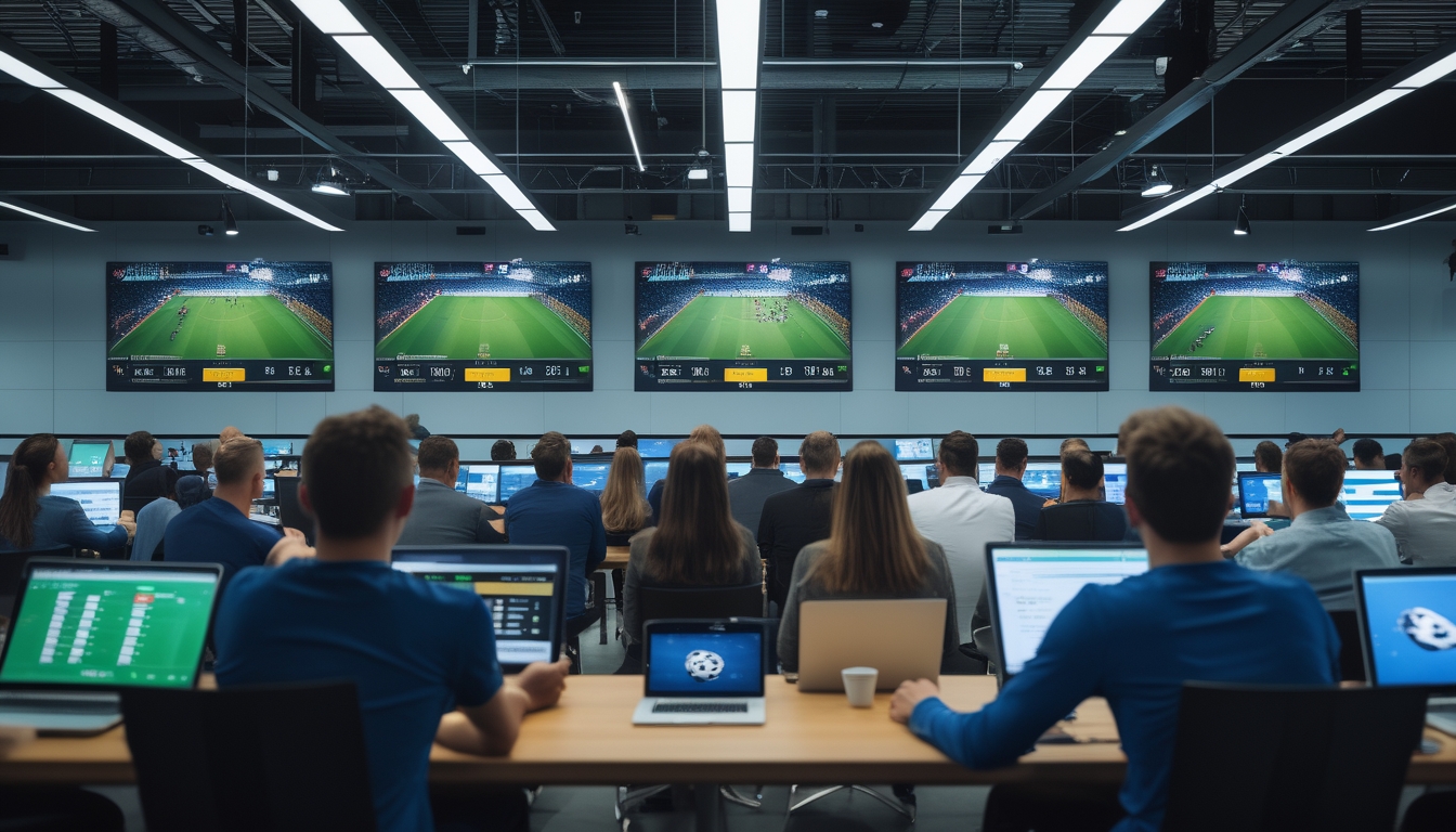 Orang-orang menonton pertandingan sepak bola secara langsung sambil memasang taruhan di perangkat digital.