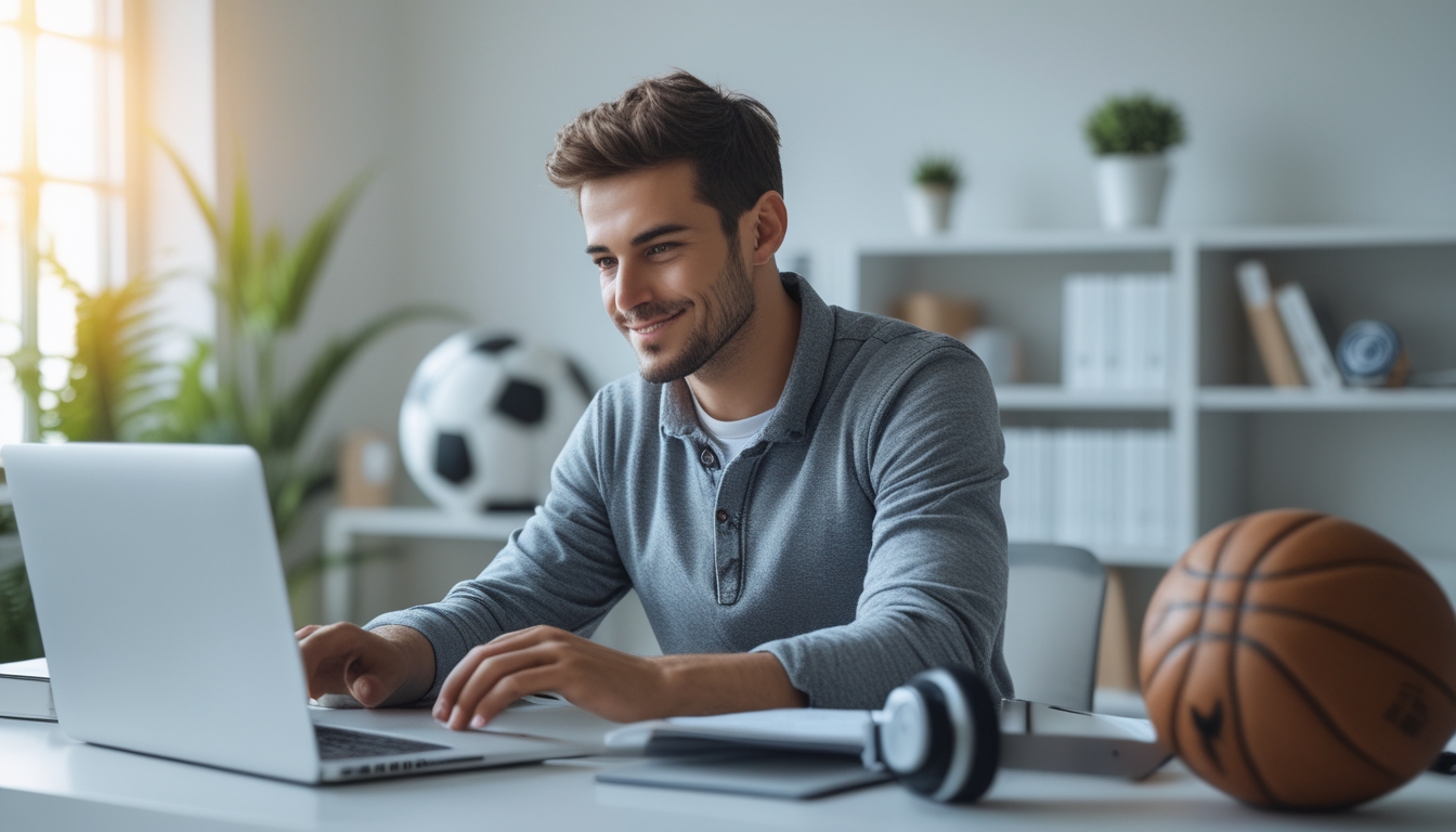 Seorang pria muda duduk di meja dengan laptop, melihat situs taruhan olahraga dengan suasana ruangan yang terang dan rapi.