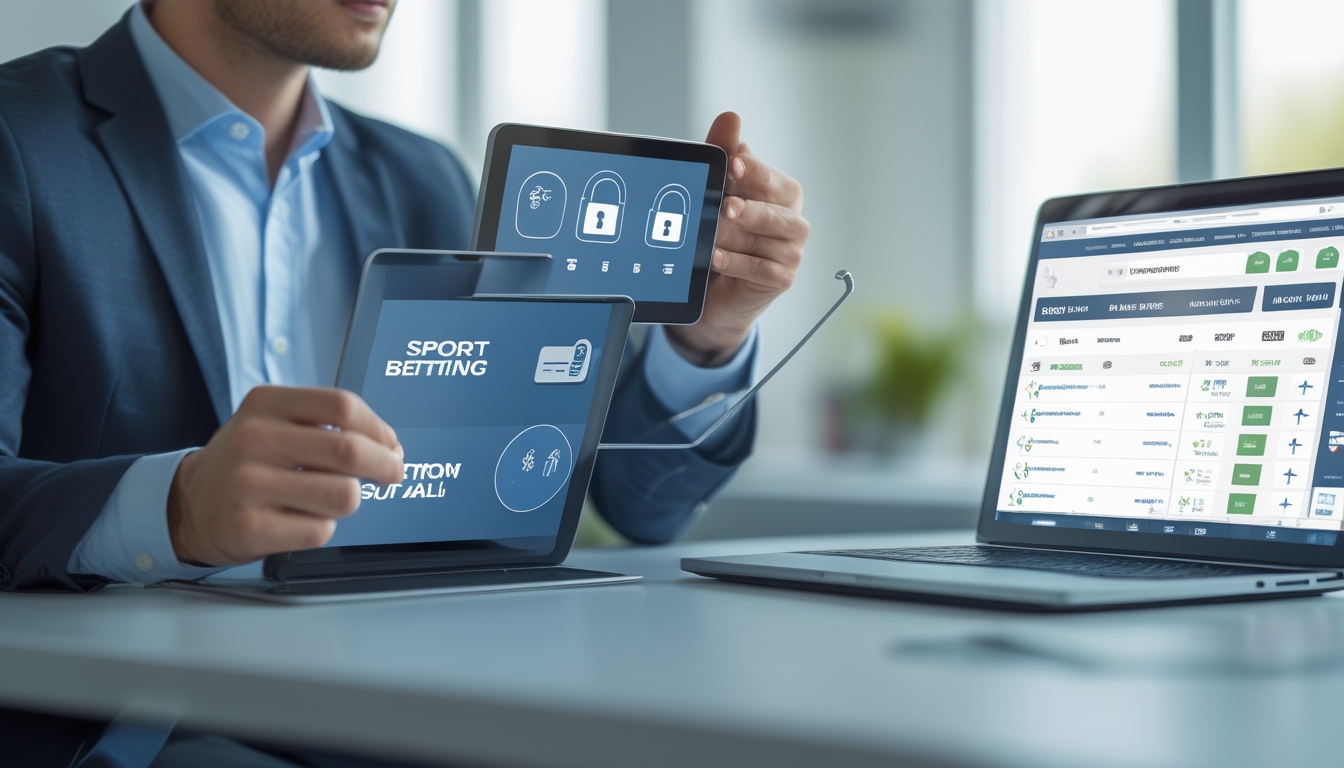 Seorang profesional duduk di meja dengan perangkat digital yang menampilkan situs taruhan olahraga, menunjukkan suasana kerja yang aman dan terpercaya.