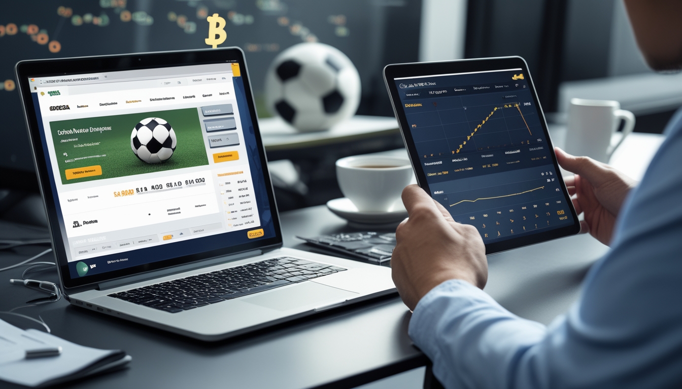 Seseorang sedang menggunakan laptop dan tablet di meja kerja dengan tampilan situs taruhan bola online dan simbol terkait sepak bola di sekitar.