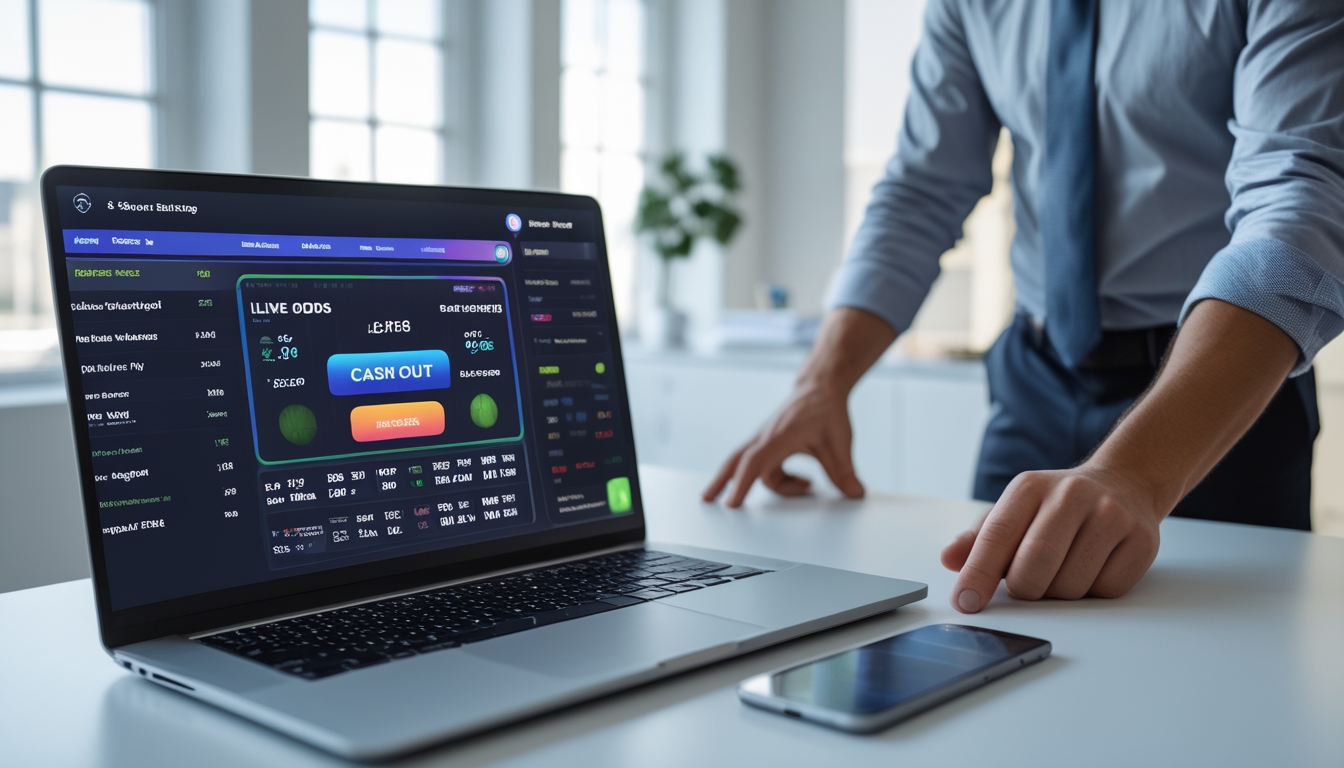 Seseorang menggunakan laptop dan ponsel untuk mengakses platform taruhan olahraga dengan fitur cash out dan tampilan odds yang kompetitif.