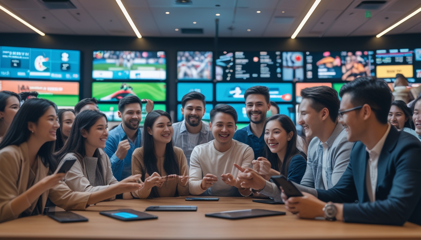 Sekelompok orang muda menonton pertandingan olahraga di lounge taruhan dengan layar besar dan menggunakan perangkat digital untuk memasang taruhan.