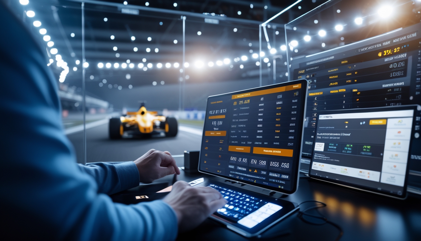 Seseorang menggunakan perangkat layar sentuh dengan tampilan data balapan Formula 1 dan peluang taruhan, dengan mobil F1 yang sedang melaju di lintasan balap di latar belakang.