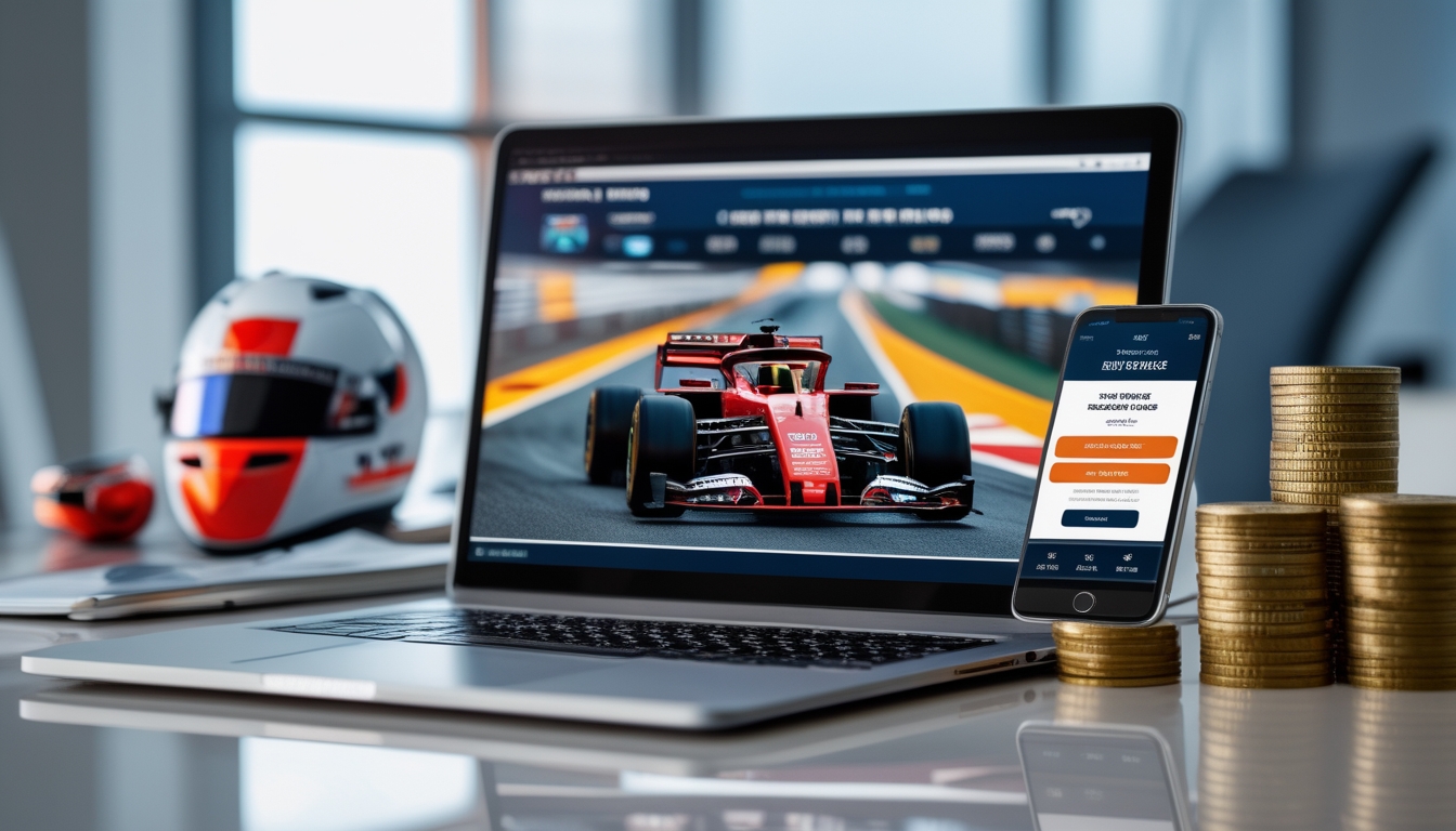Seorang pria menggunakan laptop dan smartphone untuk memasang taruhan online pada balapan Formula 1 dengan latar belakang helm balap dan model mobil F1 kecil.