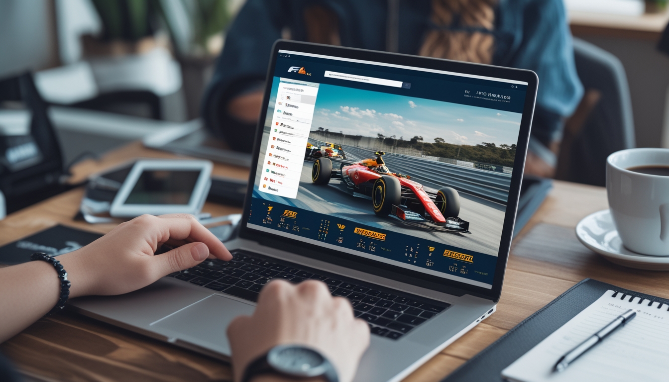 Seorang pria menggunakan laptop di meja dengan tampilan situs balap F1 dan ponsel di sampingnya di ruang kerja yang terang.