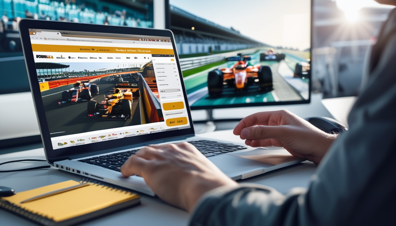Seseorang menggunakan laptop dan smartphone untuk memasang taruhan Formula 1 online dengan latar belakang balapan mobil Formula 1 yang sedang berlangsung.
