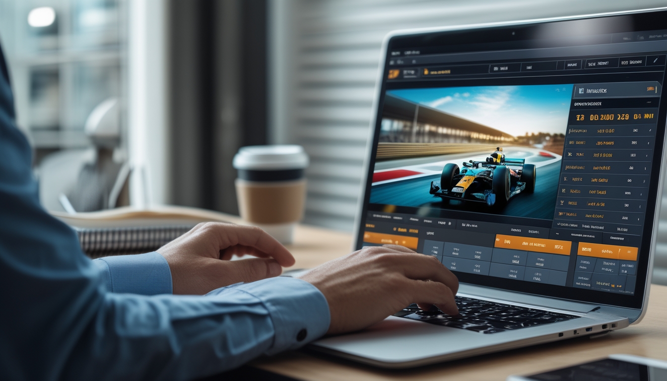 Seseorang menggunakan laptop yang menampilkan balapan Formula 1 secara langsung dengan grafik mobil balap dan statistik taruhan lengkap di meja kerja.