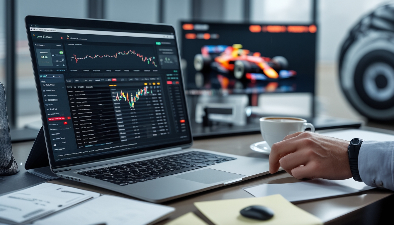 Meja kerja dengan laptop yang menampilkan statistik balapan Formula 1 dan perangkat pendukung seperti smartphone dan model mobil Formula 1.