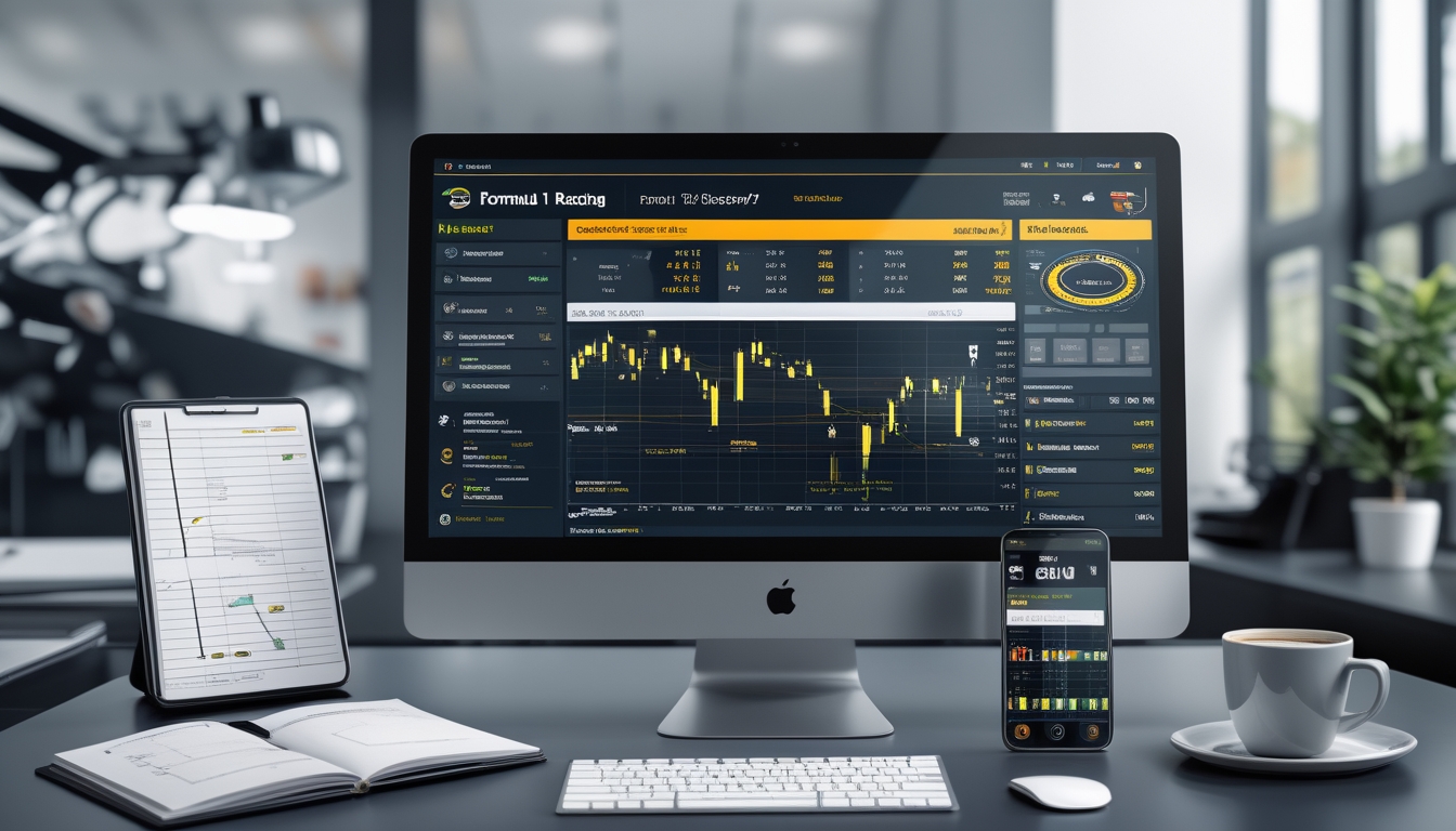 Seorang profesional menggunakan komputer dengan tampilan data balapan Formula 1 dan analisis taruhan di meja kerja modern.