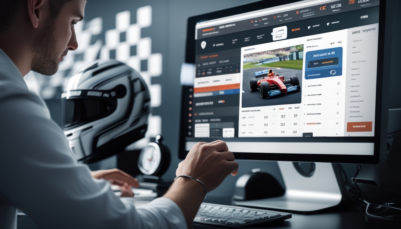 Sebuah meja kerja modern dengan komputer menampilkan situs taruhan Formula 1, tangan seseorang sedang berinteraksi dengan layar, dengan elemen helm balap dan stopwatch di latar belakang.