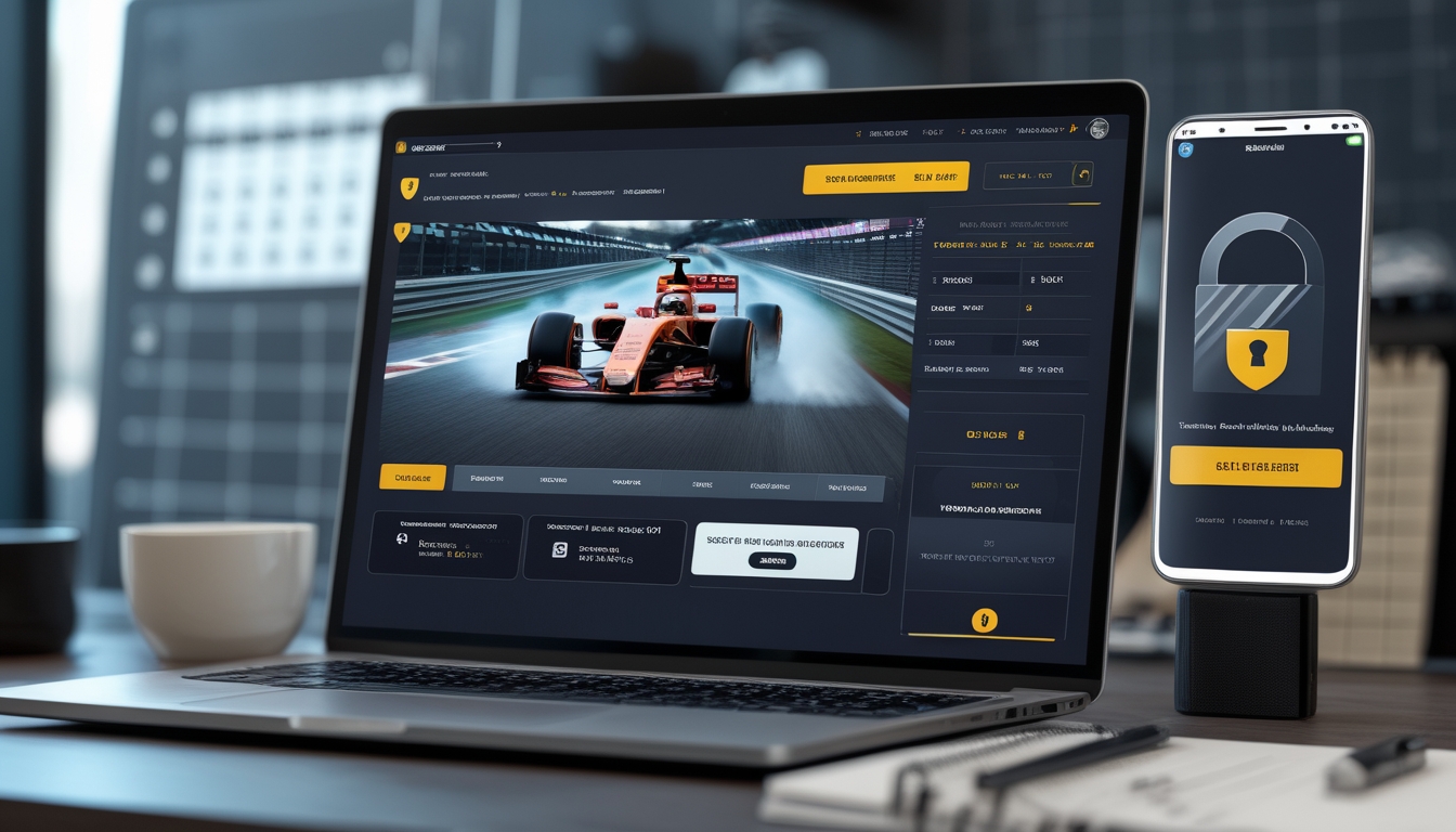 Seorang profesional menggunakan laptop dan ponsel di meja kerja dengan tampilan situs balap Formula 1 dan konfirmasi pembayaran aman.