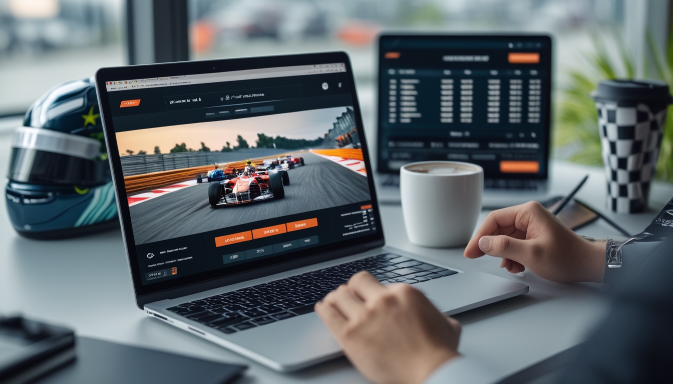 Seorang pengguna melihat layar laptop yang menampilkan siaran langsung balapan Formula 1 dan panel taruhan dengan peluang tinggi di meja kerja.