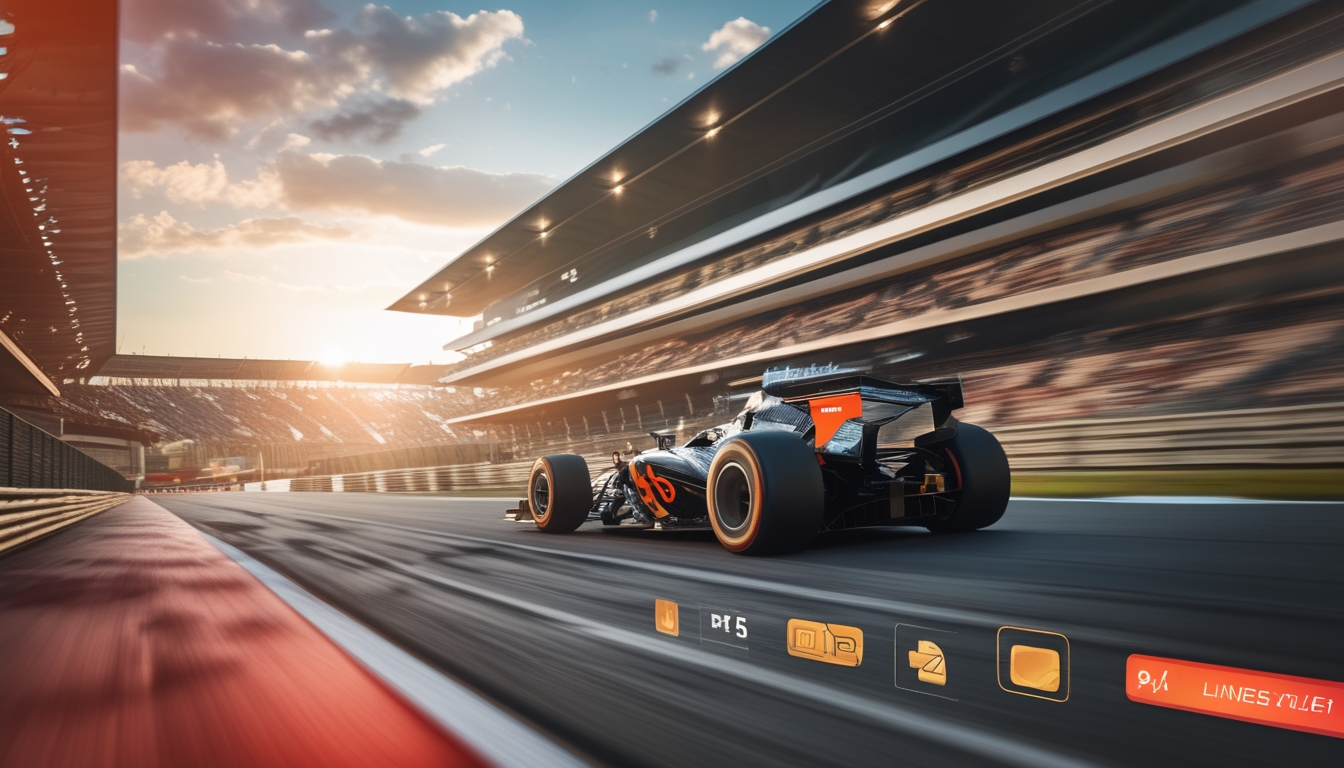 Mobil balap Formula 1 melaju cepat di lintasan dengan latar tribun penonton yang ramai dan elemen digital yang menunjukkan fitur taruhan dan siaran langsung.