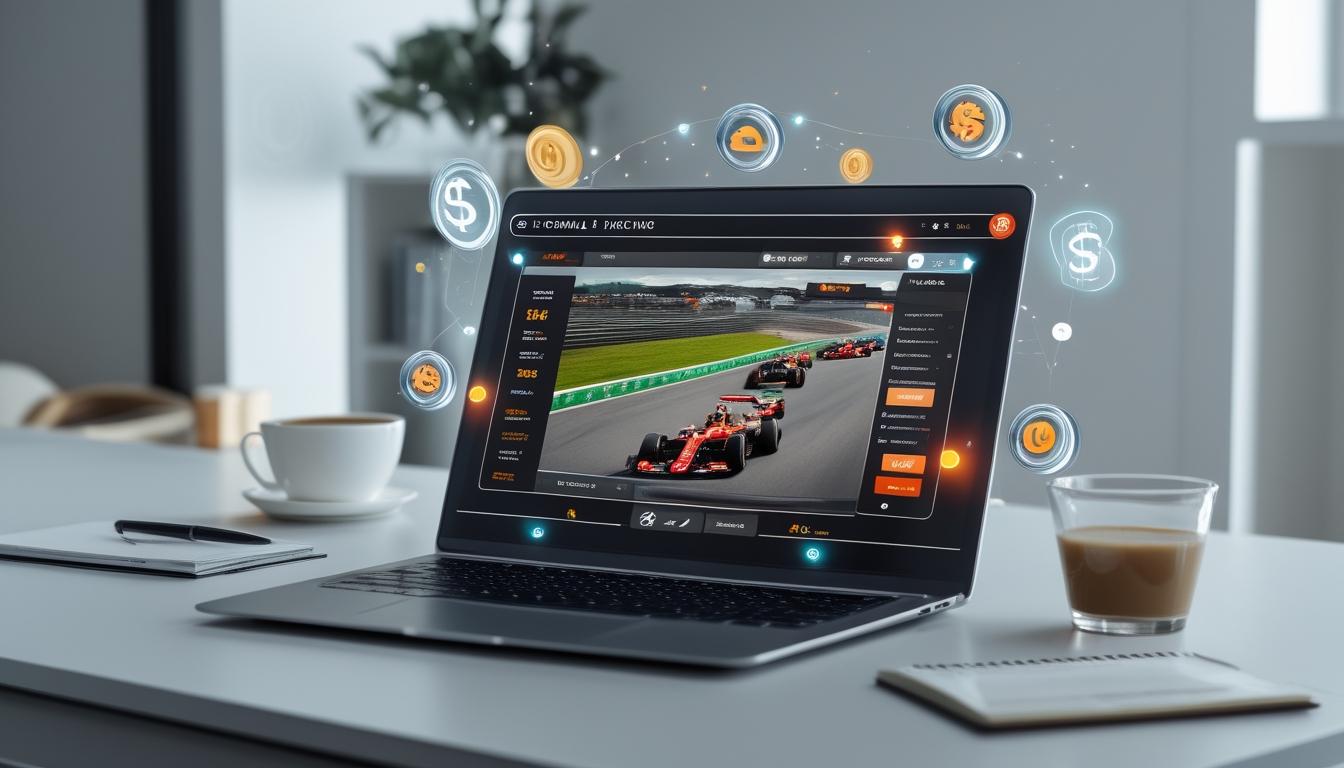 Seorang pengguna melihat layar perangkat dengan tampilan taruhan Formula 1 dan ikon bonus serta cashback di sekitar perangkat di meja kerja yang rapi.