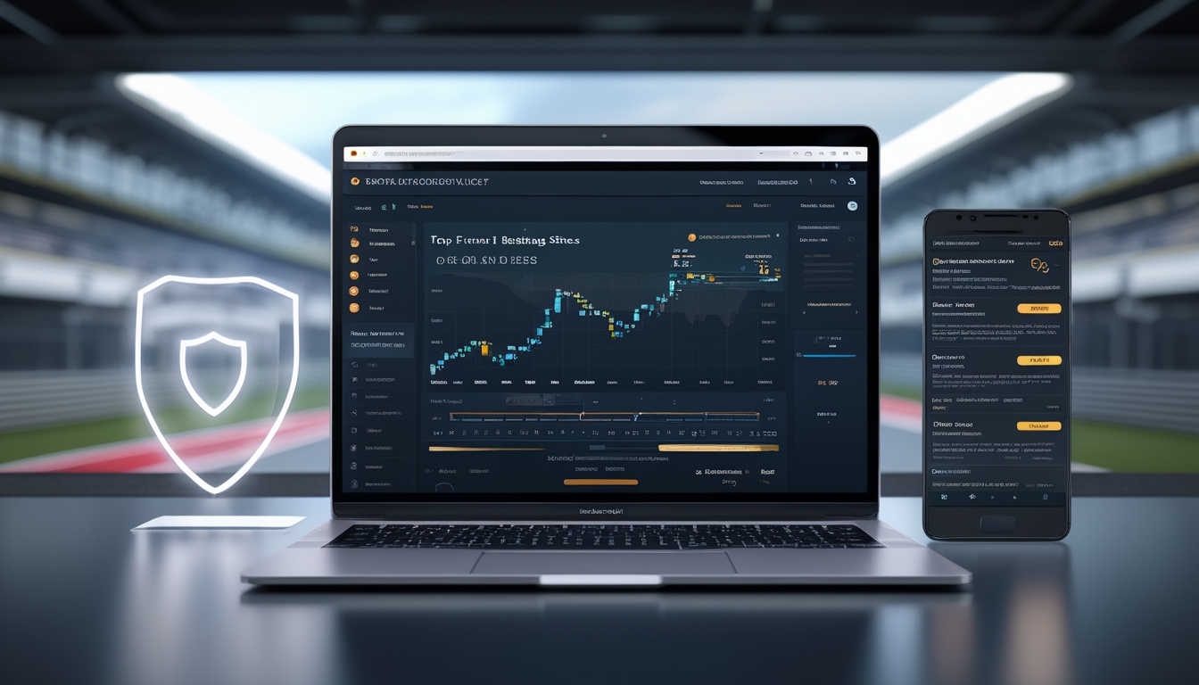 Meja kerja modern dengan laptop yang menampilkan grafik balap Formula 1 dan aplikasi taruhan, dikelilingi ikon keamanan dan ponsel dengan notifikasi bonus dan cashback.